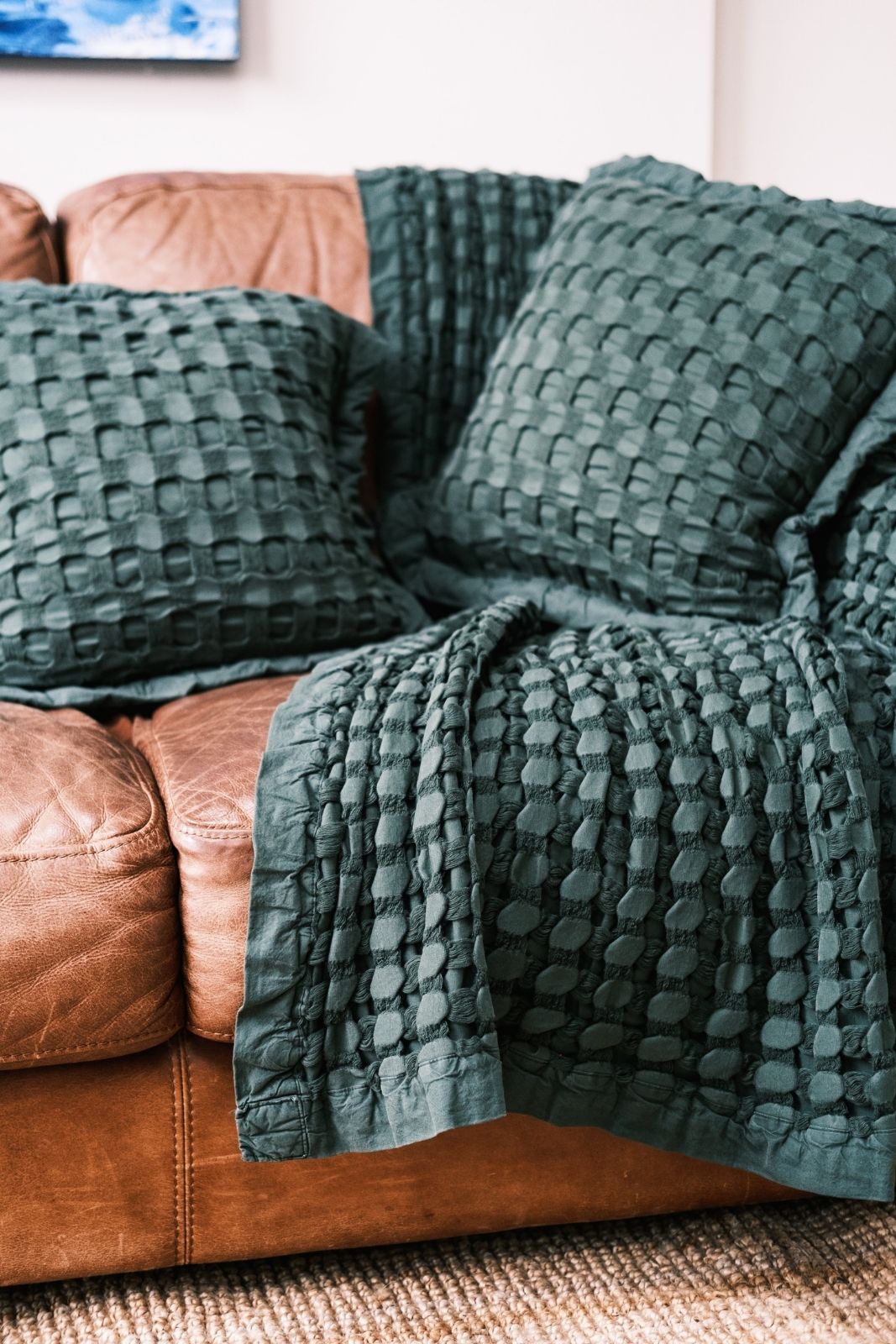 Waffle Organic Cotton Cushion and Throw Eden Green
